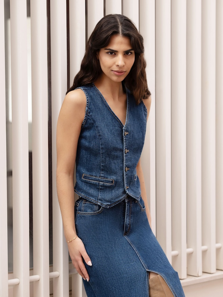 Yumi Blue Denim Stretch Waistcoat - Image 2 of 5