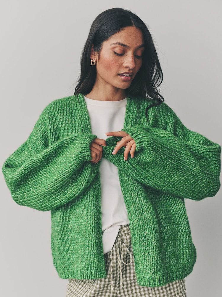 Green Bright Soft Touch Fuzzy Knitted Cardigan - Image 1 of 1