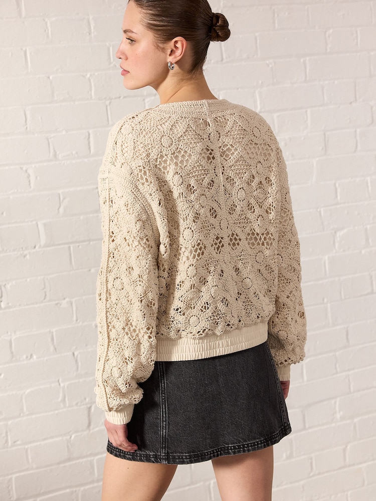 White/Ecru Crochet Bomber Jacket Cardigan - Image 3 of 6