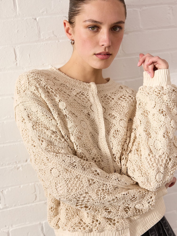 White/Ecru Crochet Bomber Jacket Cardigan - Image 4 of 6