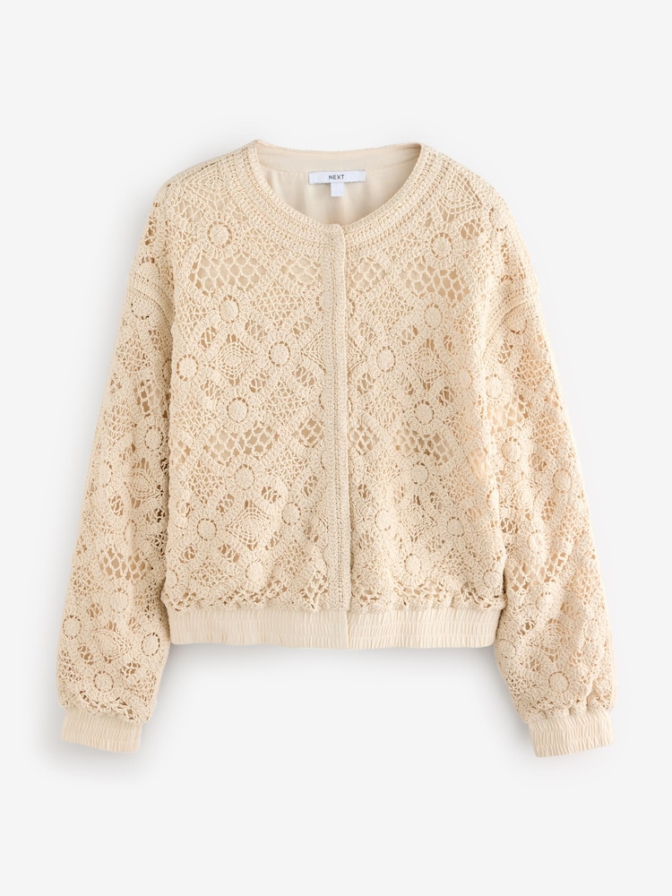 White/Ecru Crochet Bomber Jacket Cardigan - Image 5 of 6