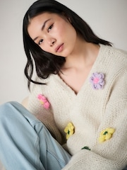 White Ecru Floral Soft Touch Fuzzy Knitted Cardigan - Image 1 of 1