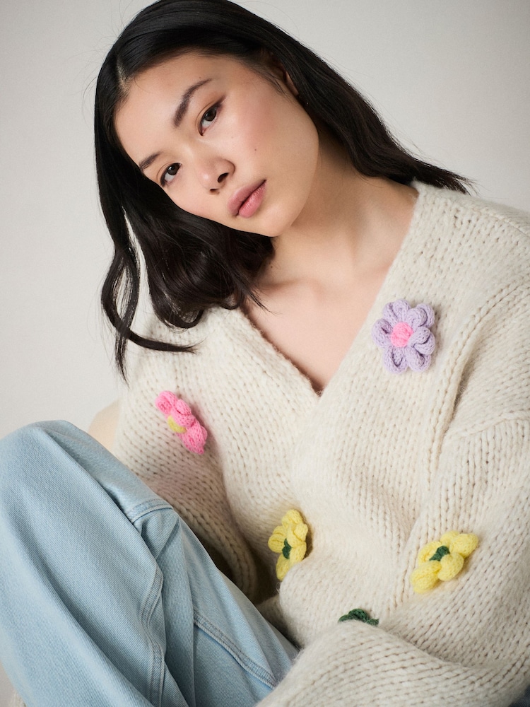 White Ecru Floral Soft Touch Fuzzy Knitted Cardigan - Image 1 of 1