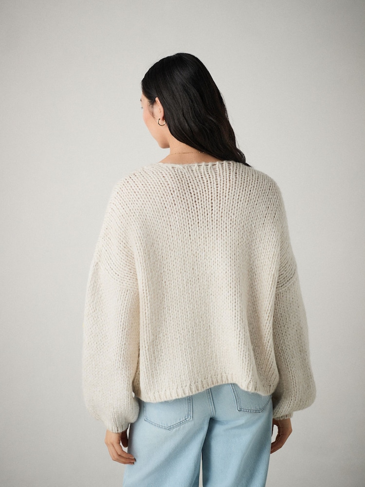 White Ecru Floral Soft Touch Fuzzy Knitted Cardigan - Image 2 of 6