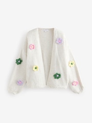 White Ecru Floral Soft Touch Fuzzy Knitted Cardigan - Image 4 of 6