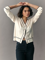 White Ecru Tipped Soft Touch Button Up Knitted Cardigan - Image 2 of 7