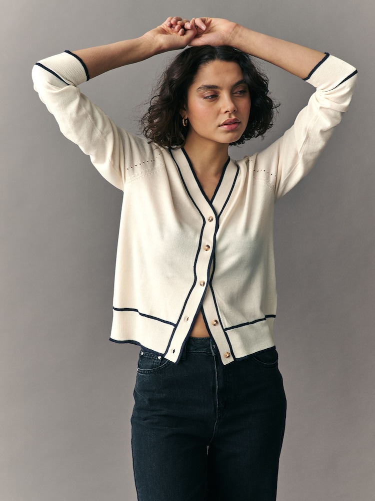 White Ecru Tipped Soft Touch Button Up Knitted Cardigan - Image 2 of 7