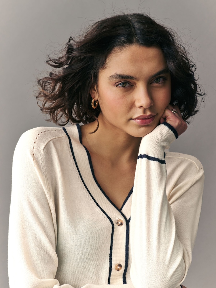 White Ecru Tipped Soft Touch Button Up Knitted Cardigan - Image 4 of 7