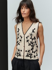 White/Black Floral Embroidered Knitted Vest Waistcoat - Image 1 of 7