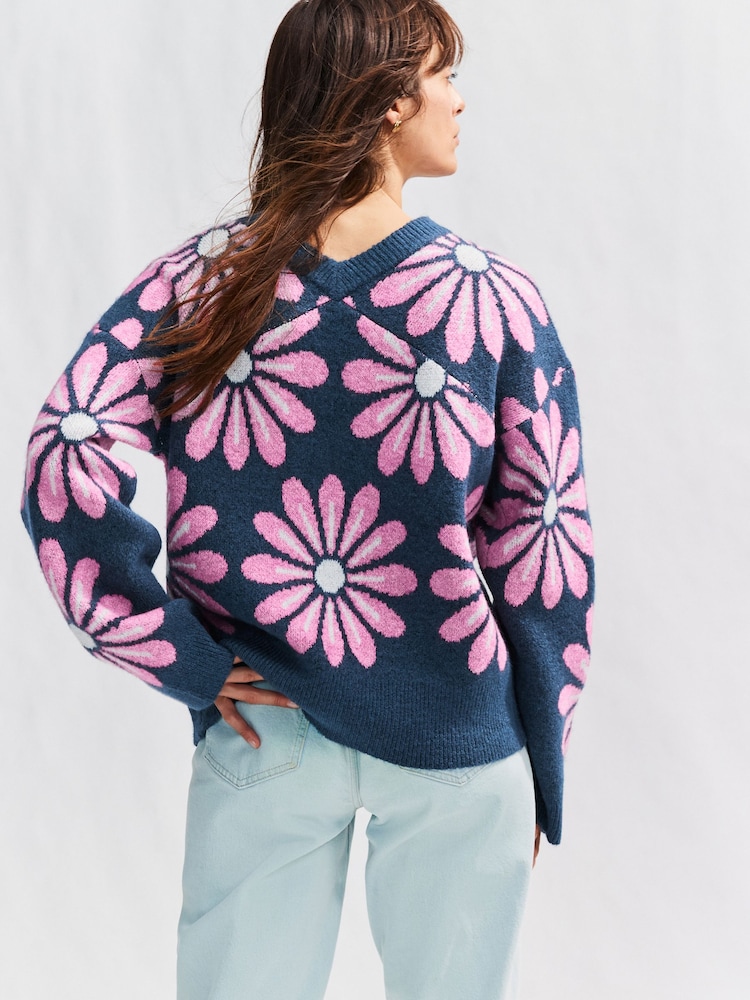 Navy Pink Floral Soft Touch Button Up Pocket Knitted Cardigan - Image 3 of 8