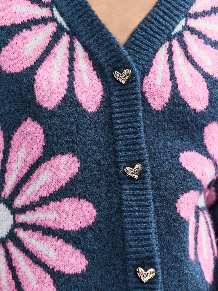 Navy Pink Floral Soft Touch Button Up Pocket Knitted Cardigan - Image 5 of 8