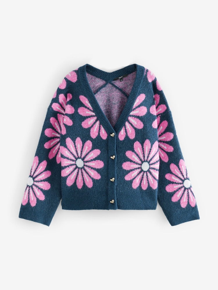 Navy Pink Floral Soft Touch Button Up Pocket Knitted Cardigan - Image 6 of 8