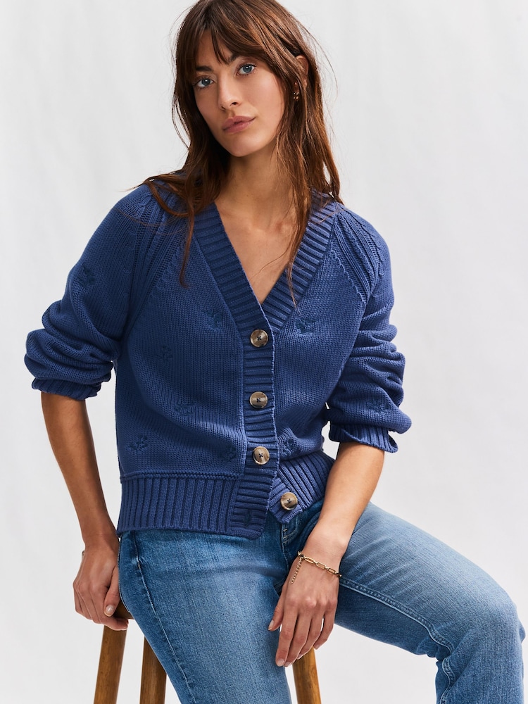 Blue Floral Embroidered 100% Cotton V-Neck Long Sleeve Knitted Cardigan - Image 4 of 8