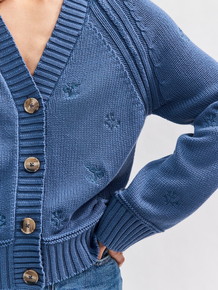 Blue Floral Embroidered 100% Cotton V-Neck Long Sleeve Knitted Cardigan - Image 5 of 8
