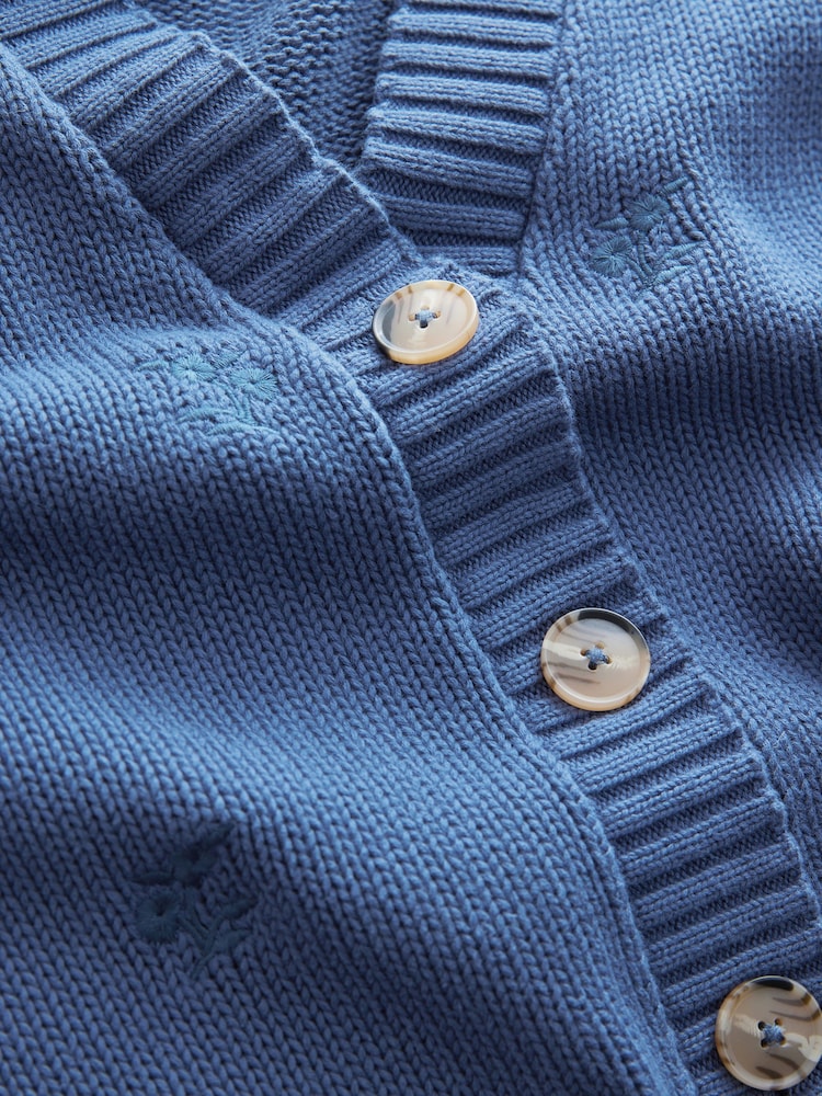 Blue Floral Embroidered 100% Cotton V-Neck Long Sleeve Knitted Cardigan - Image 7 of 8