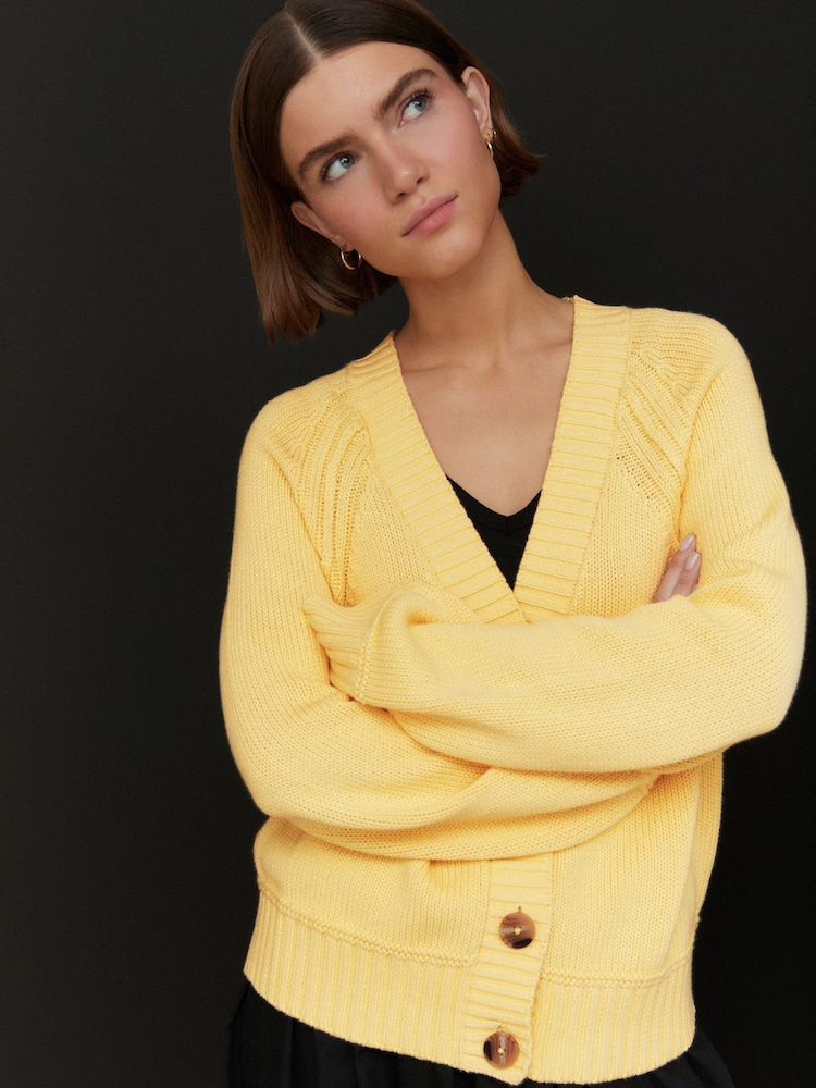 Buy Yellow 100% Cotton V-Neck Long Sleeve Knitted Cardigan from
