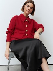 Red Collared Knitted Bomber Jacket - Image 1 of 5