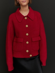 Red Collared Knitted Bomber Jacket - Image 2 of 5