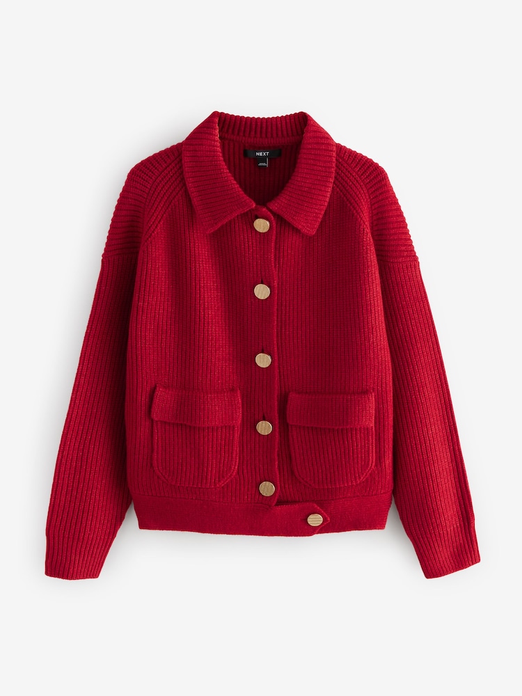 Red Collared Knitted Bomber Jacket - Image 3 of 5