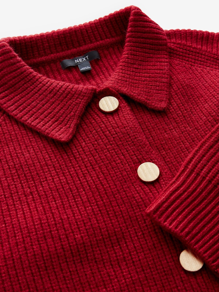 Red Collared Knitted Bomber Jacket - Image 4 of 5