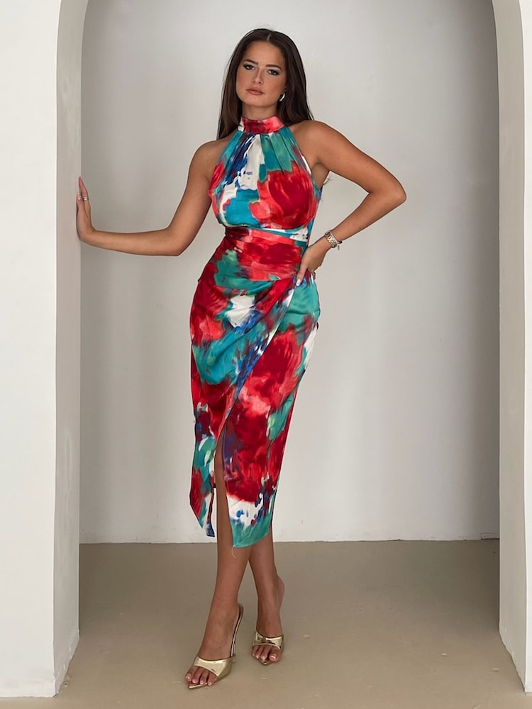 Girl In Mind Red Abstract Alessia Halter Neck Midi Dress - Image 1 of 4 Girl In Mind Red Abstract Alessia Halter Neck Midi Dress - Image 1 of 4