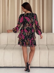 Girl In Mind Black Della Floral Chiffon Wrap Front Mini Dress - Image 2 of 4