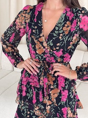 Girl In Mind Black Della Floral Chiffon Wrap Front Mini Dress - Image 4 of 4
