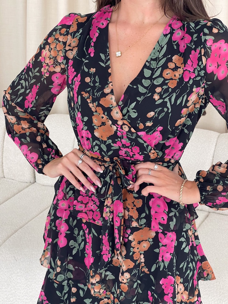 Girl In Mind Black Della Floral Chiffon Wrap Front Mini Dress - Image 4 of 4