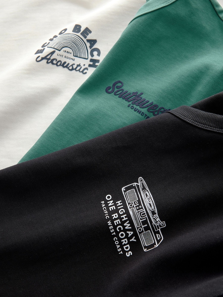 Black/White/Green 3-Pack Relaxed Fit Graphic Print Heavyweight 100% Cotton T-Shirt - Image 15 of 15