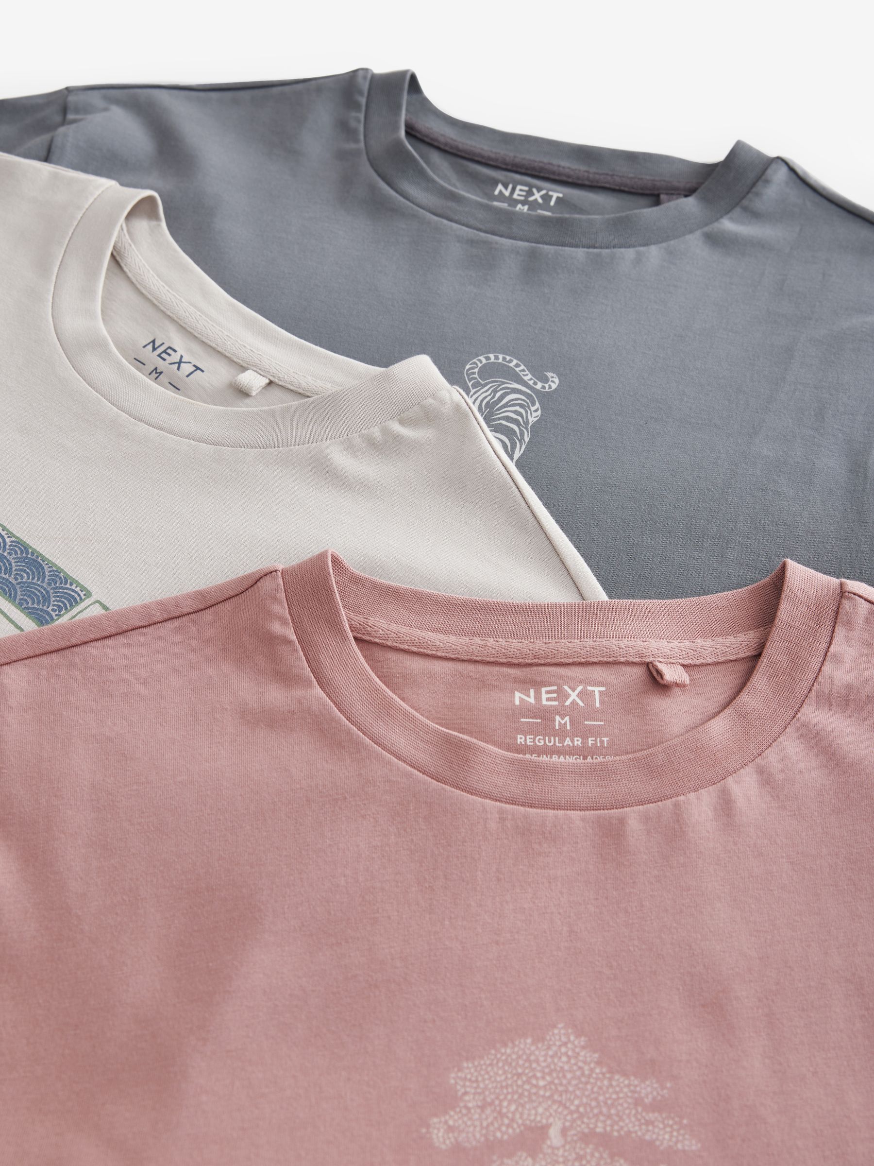 Buy Grey/Pink/Ecru Regular Fit Graphic Print T-Shirts 3 Pack from