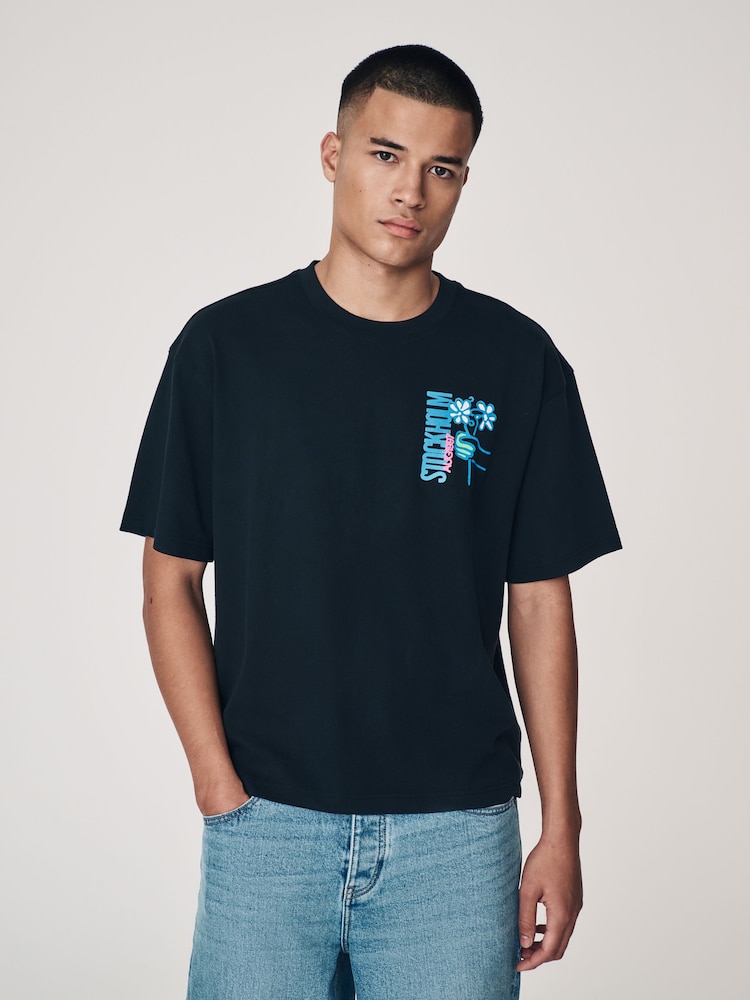 Черный с неоновым принтом - Прямоугольный - Graphic Print Heavy Weight T-Shirt - Изображение 2 из 7