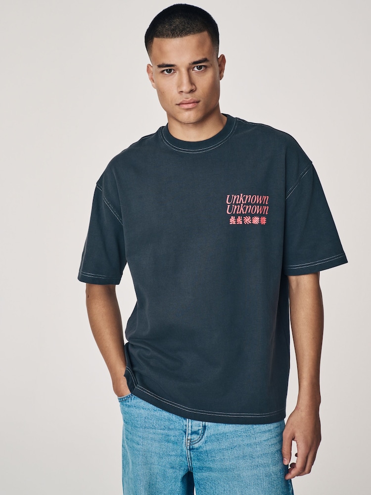 Dark Grey Relaxed Fit Graphic Print Heavy Weight T-Shirt - Image 1 of 8