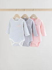 Pink Slogan Baby Long Sleeve Ribbed 100% Cotton Bodysuits 3 Pack - Image 1 of 12