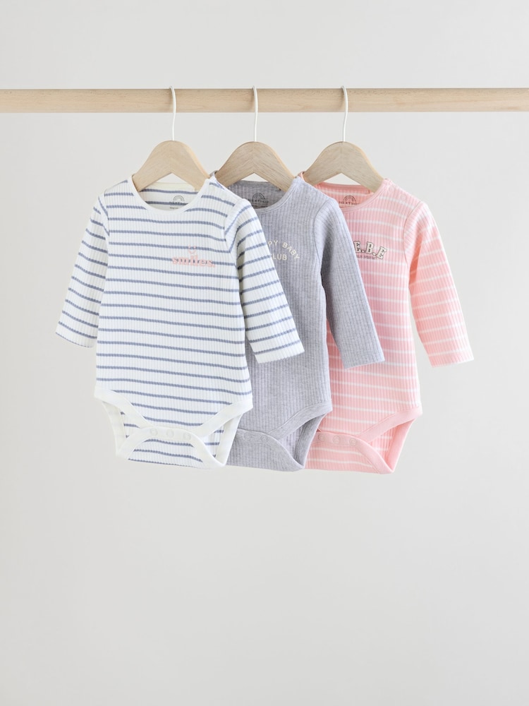 Pink Slogan Baby Long Sleeve Ribbed 100% Cotton Bodysuits 3 Pack - Image 1 of 12