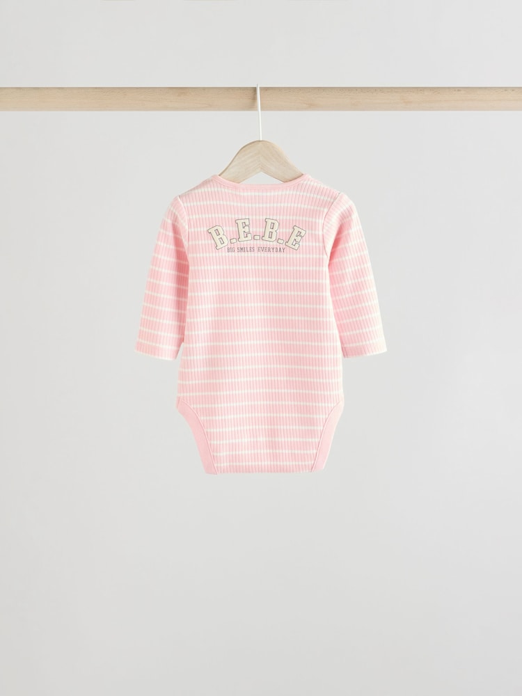 Slogan rose - Lot de 3 bodys côtelés 100% coton à manches longues bébé - Image 4 of 12