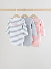 Pink Slogan Baby Long Sleeve Ribbed 100% Cotton Bodysuits 3 Pack - Image 5 of 12