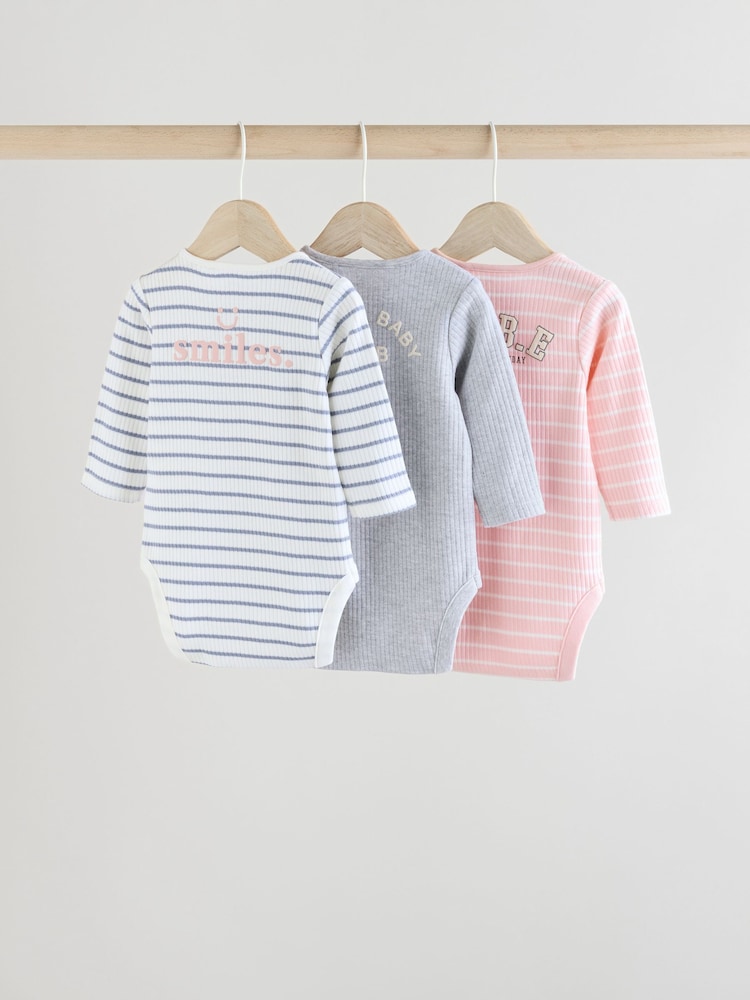 Slogan rose - Lot de 3 bodys côtelés 100% coton à manches longues bébé - Image 5 of 12