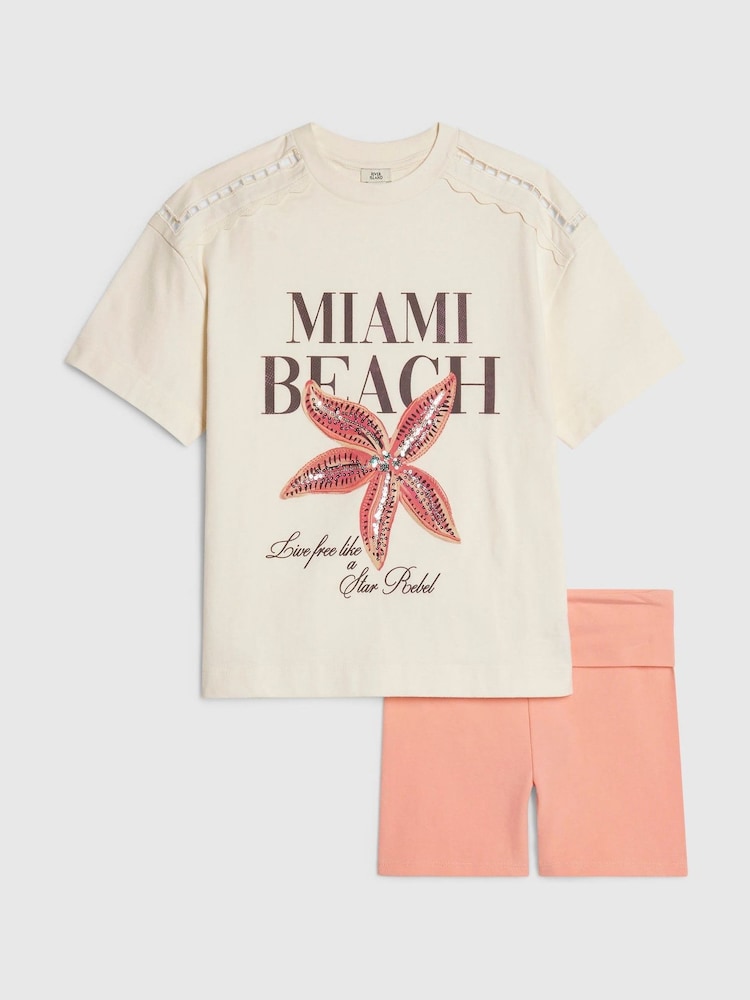 River Island White Miami Beach T-Shirt & Cycle Short Set - Image 1 of 5 River Island White Miami Beach T-Shirt & Cycle Short Set - Image 1 of 5