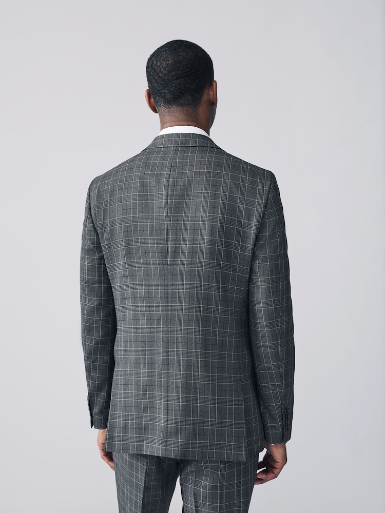 Charcoal Grey Tailored Fit Trimmed Check Suit Jacket - Image 3 of 9