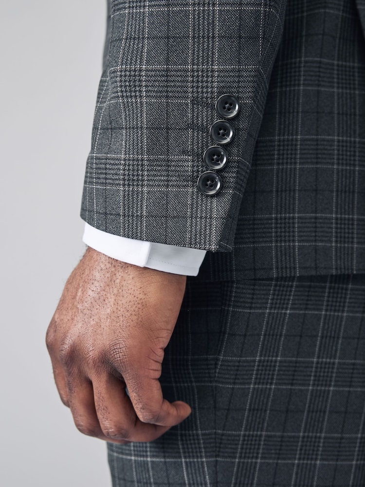 Charcoal Grey Tailored Fit Trimmed Check Suit Jacket - Image 4 of 9