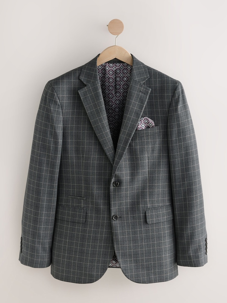 Charcoal Grey Tailored Fit Trimmed Check Suit Jacket - Image 5 of 9