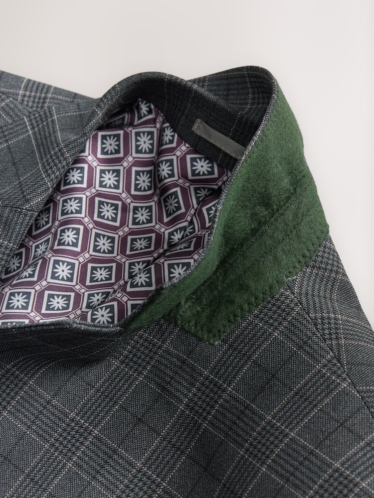 Charcoal Grey Tailored Fit Trimmed Check Suit Jacket - Image 6 of 9
