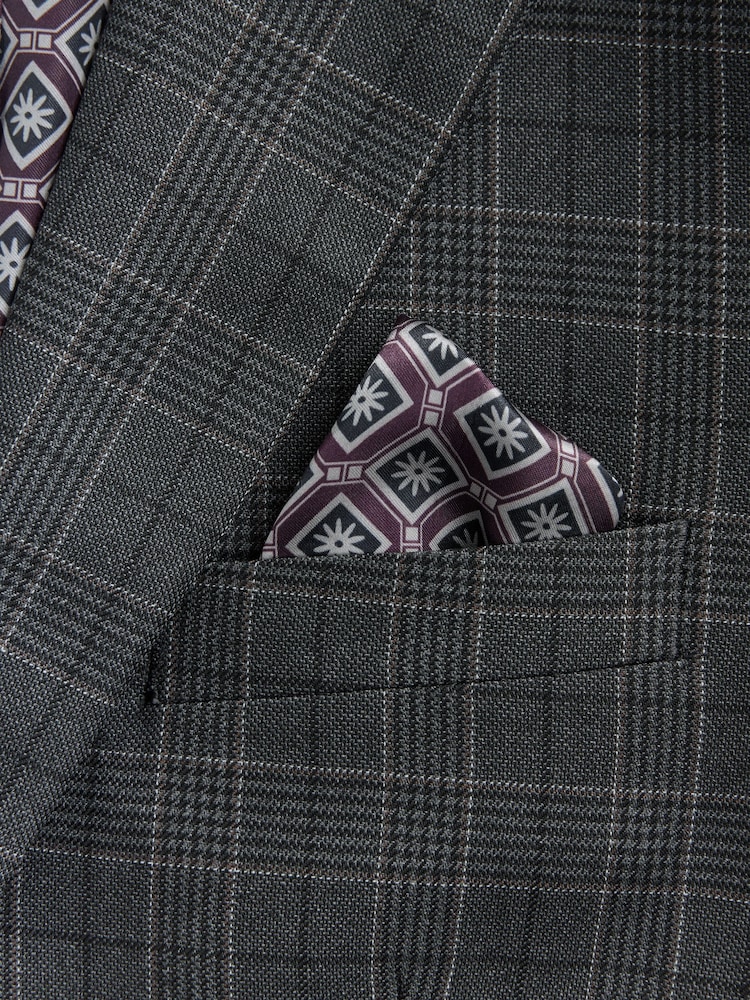Charcoal Grey Tailored Fit Trimmed Check Suit Jacket - Image 8 of 9