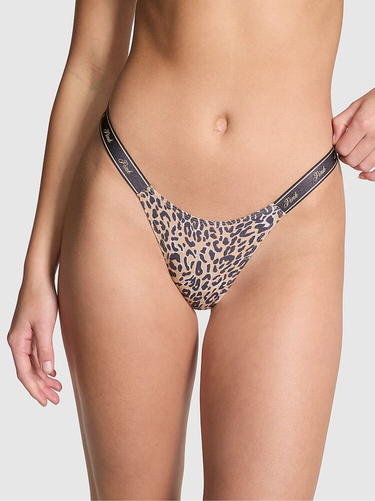 Victoria's Secret PINK Leopard Brown Cotton Logo Mini Scoop Thong - Image 1 of 3 Victoria's Secret PINK Leopard Brown Cotton Logo Mini Scoop Thong - Image 1 of 3