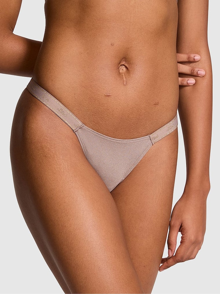 Victoria's Secret PINK Iced Coffee Brown Mini Scoop Thong Cotton Logo Shimmer Knickers - Image 1 of 4
