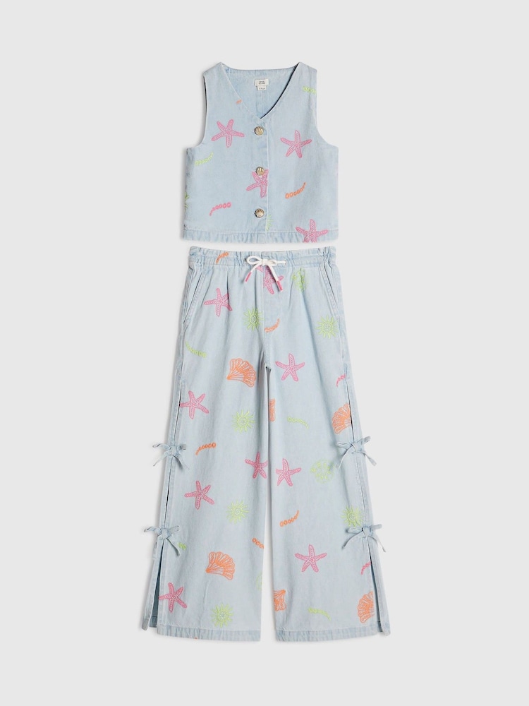River Island Blue Seashell Denim Waistcoat & Trousers Set - Image 1 of 4 River Island Blue Seashell Denim Waistcoat & Trousers Set - Image 1 of 4