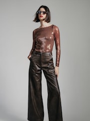 Bardot Brown Vegan Leather Wide Leg Trousers - Image 1 of 5