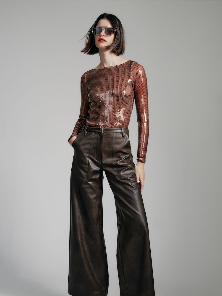 Bardot Brown Vegan Leather Wide Leg Trousers - Image 1 of 5