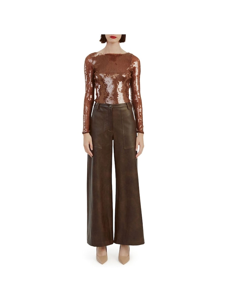 Bardot Brown Vegan Leather Wide Leg Trousers - Image 2 of 5