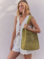 Khaki Green Straw Shoulder Bag - Image 1 of 9
